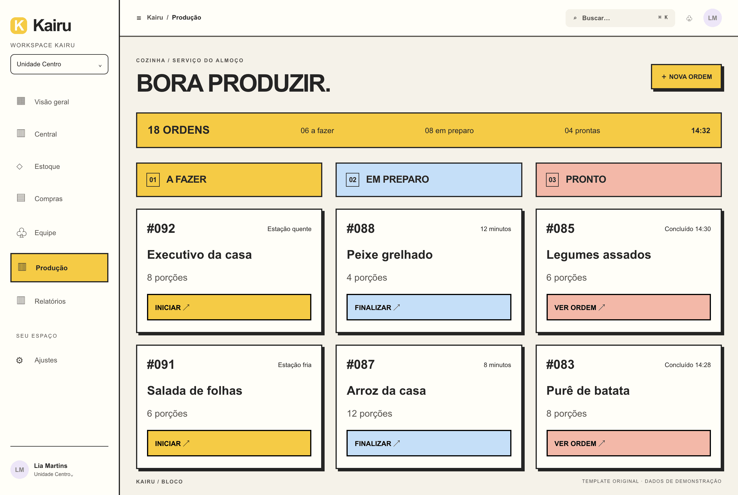 Neobrutalismo: template de sistema com dados fictícios