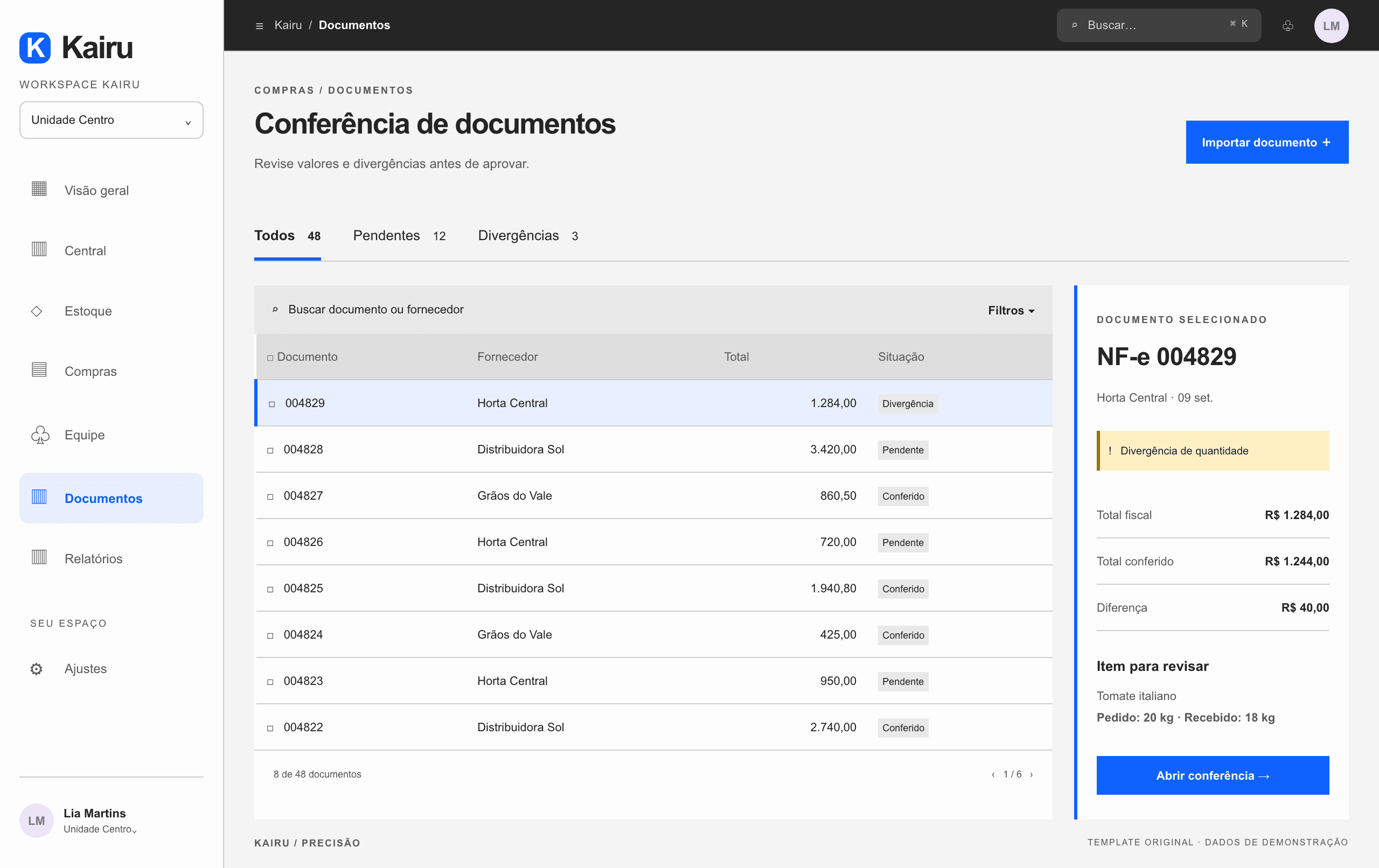 Corporativo: template de sistema com dados fictícios