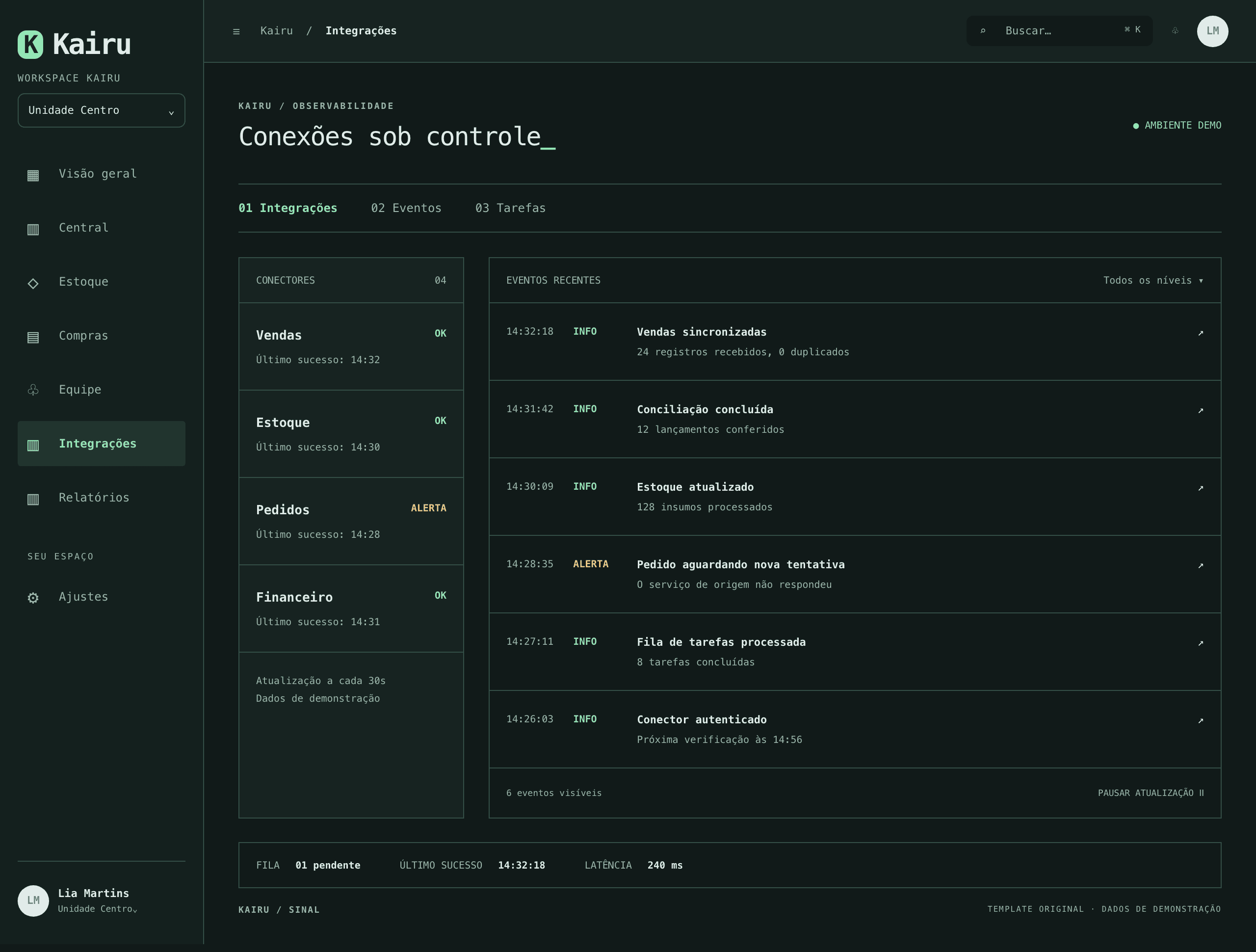 Terminal: template de sistema com dados fictícios