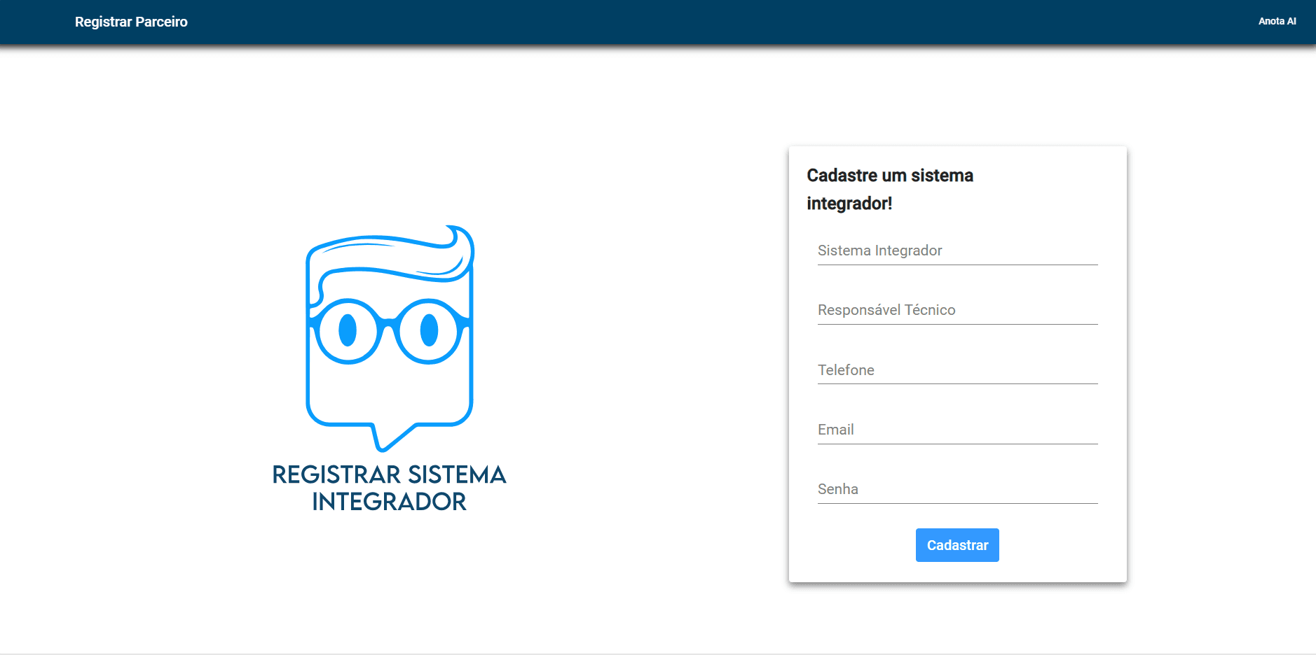 Cadastro do sistema integrador no portal Anota AI