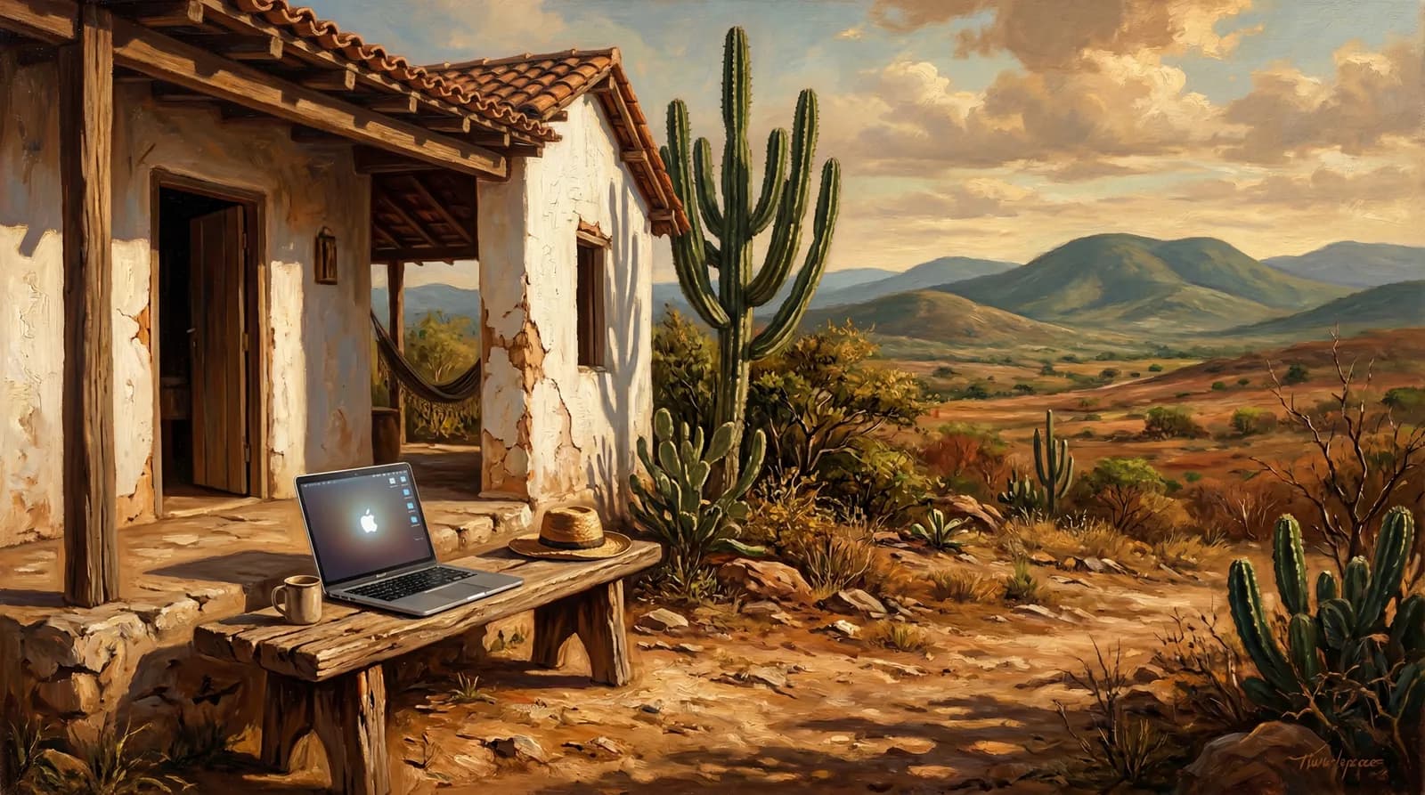 Pintura de uma casa no sertão com um notebook sobre a mesa