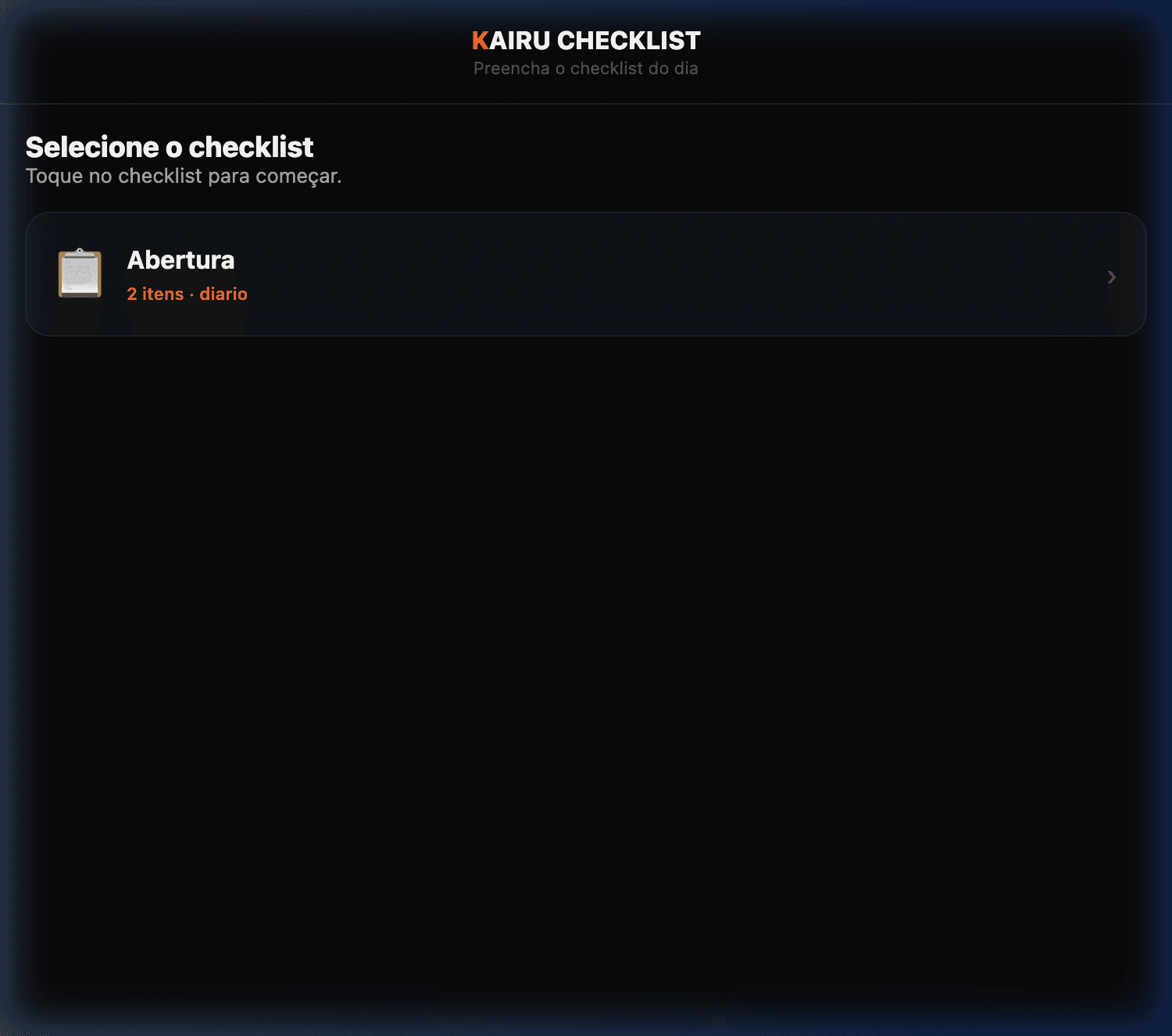 Tela inicial do Kairu Checklist