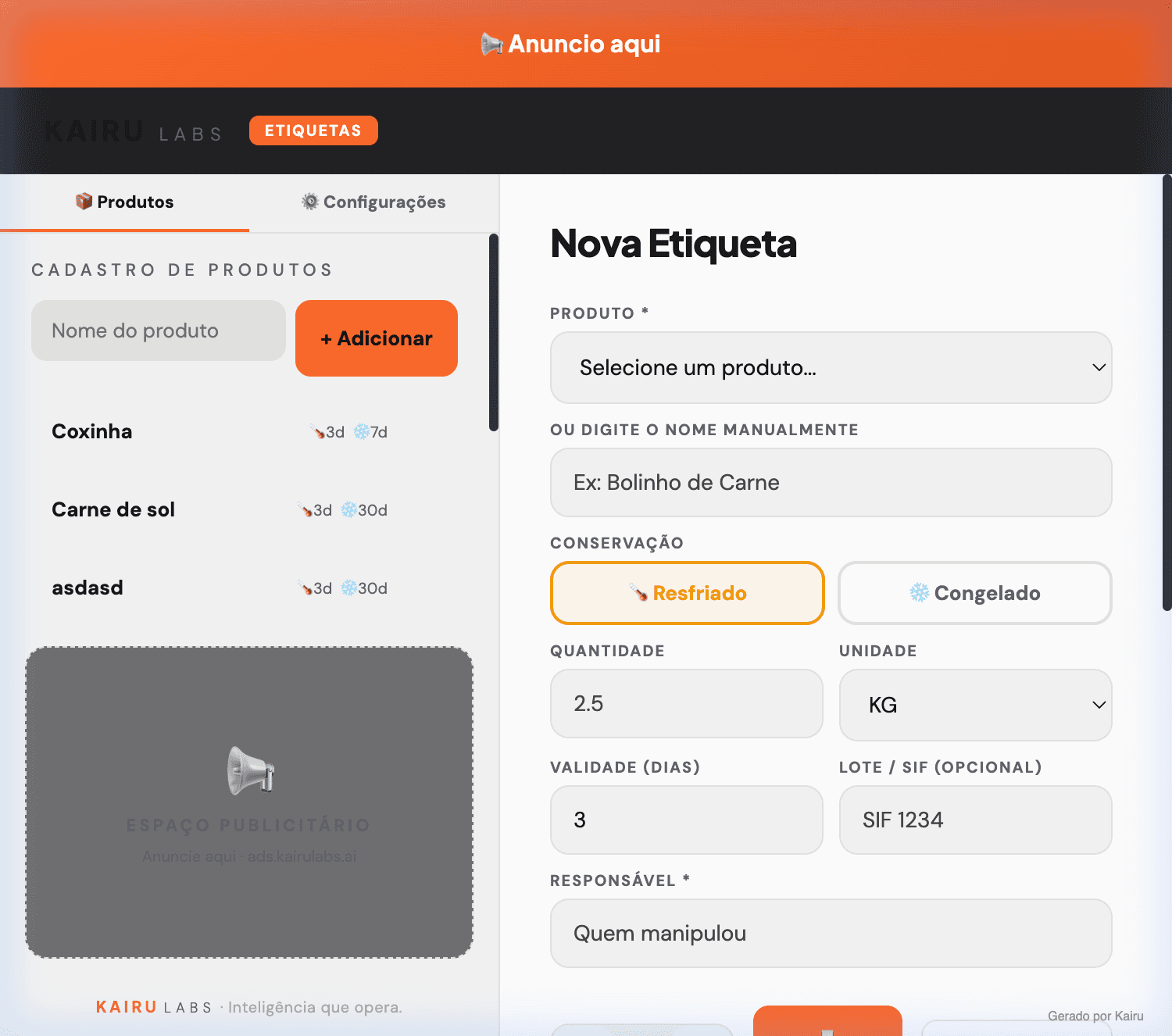 Interface do Kairu Etiquetas