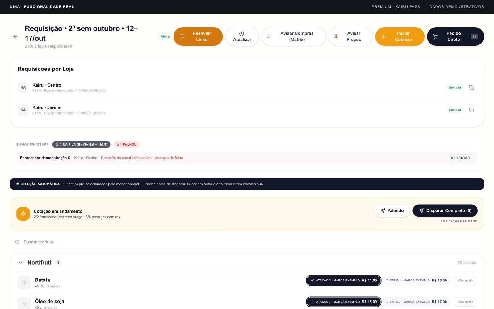 Prévia de Compras e fornecedores com dados fictícios