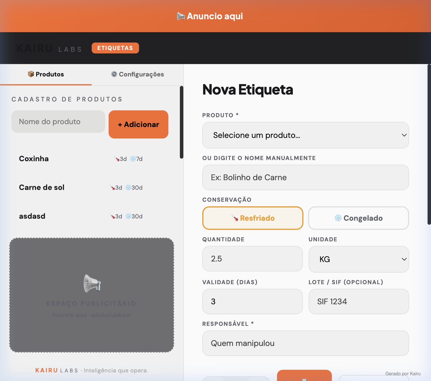 Tela do Kairu Etiquetas